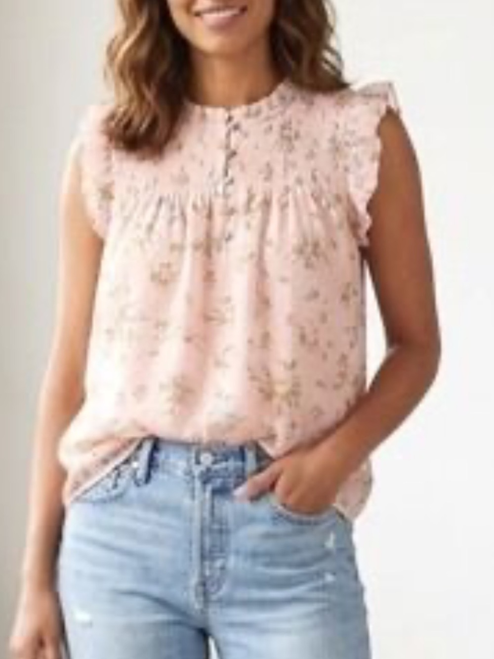 LOFT Pale Pink Floral Clip Dot Smocked Flutter Sleeve Top Size M